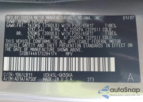 2007 Toyota Sequoia Sr5 V8 из США, поврежденный, VIN 5TDBT44A17S284174